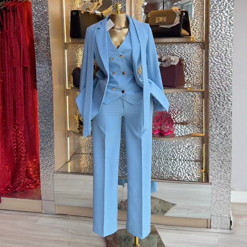 European and american cross-border women's fashion  spring new arrival: elegant commute solid color blazer, vest, and pants three-piece set