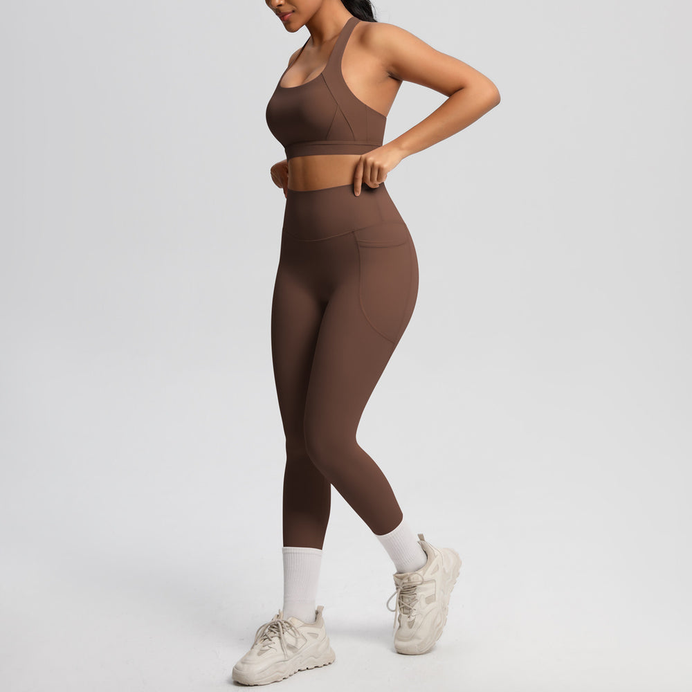 European and american cross-border yoga double-sided brushed tank top & shockproof pocket pants pilates running fitness yoga outfit two-piece set