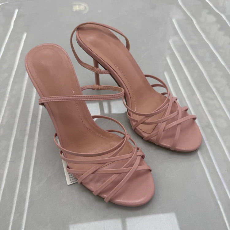 Spanish 2025 summer new women's shoes black pink thin strap decorated leather fashion casual commuter high heel sandals