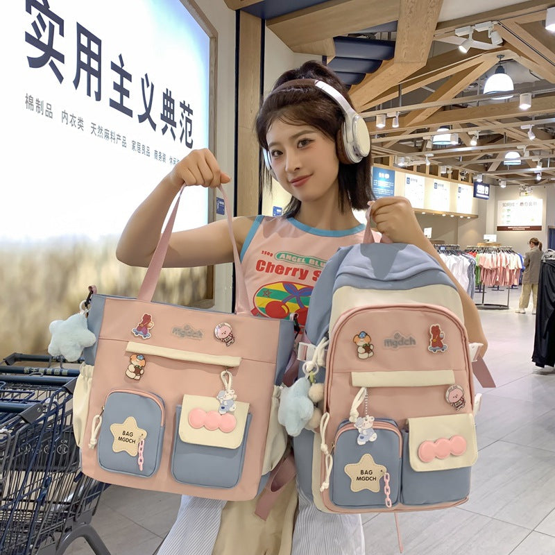 New schoolbag for girls, junior high school students, large-capacity backpack, versatile burden reduction, fashion trend, two-piece schoolbag