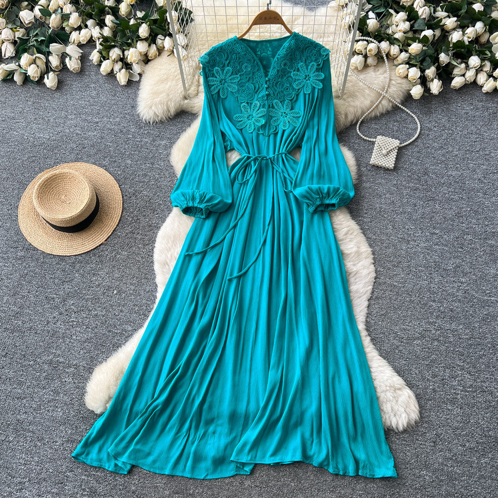 Retroelegance style lantern sleeve v necklacepatchworkdress female k-style waist slimming lookelegant long skirt