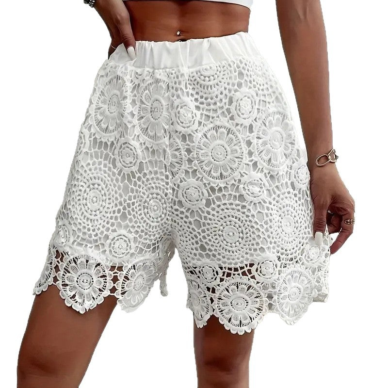 cross-border fashion: women's new lace-trimmed, versatile, mid-rise, solid color straight-leg shorts for  us & europe