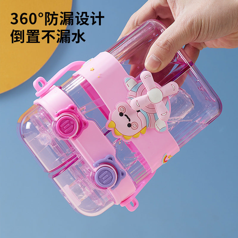 New creative cartoon fan kids double drinking cup straw cup portable sports water bottle large capacity school special