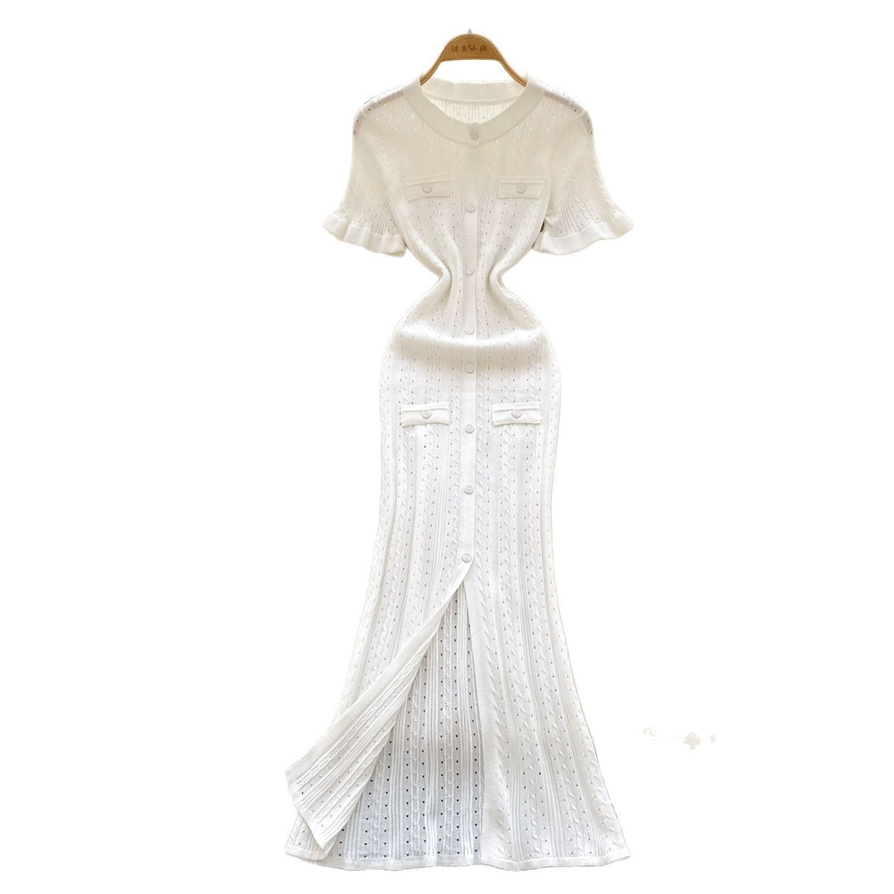 European and american style minimalist knitted dress - women's summer single-breasted hollow-out slimming design - light luxury elegant maxi dress