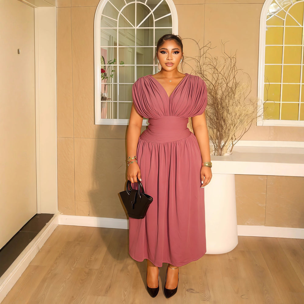European and american cross-border women's fashion:  autumn new arrival - solid color v-neck ruched flutter sleeve cinched waist long elegant dress