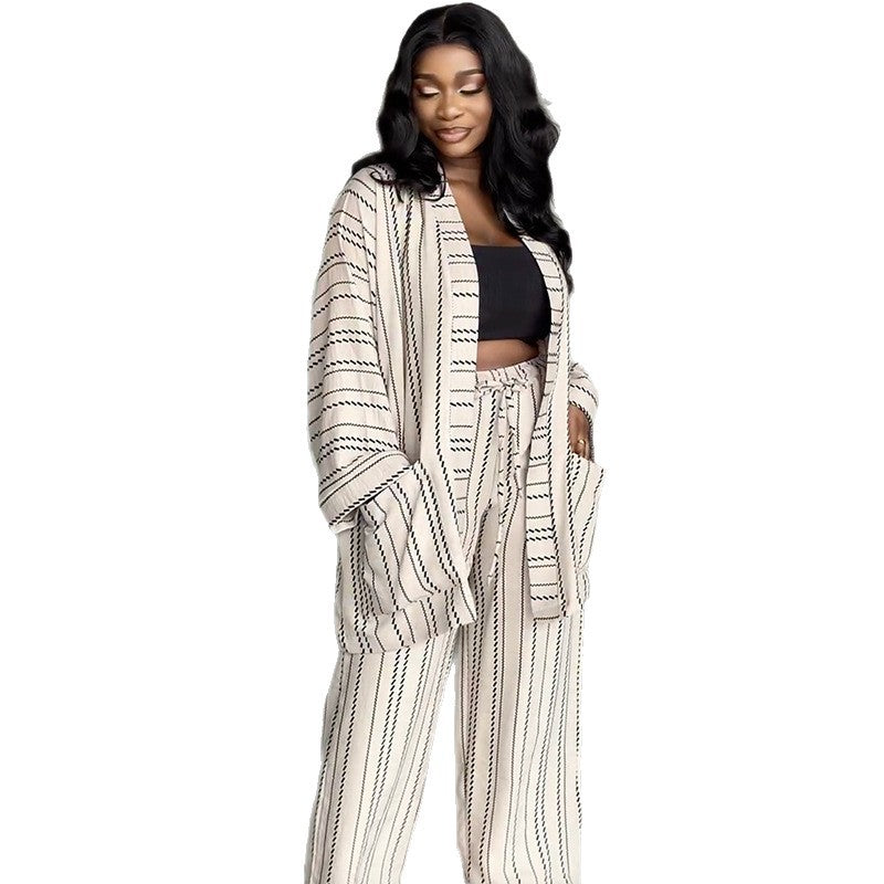 European and American  women's clothing 2025 autumn new fashion casual striped loose cardigan high waist wide leg pants set