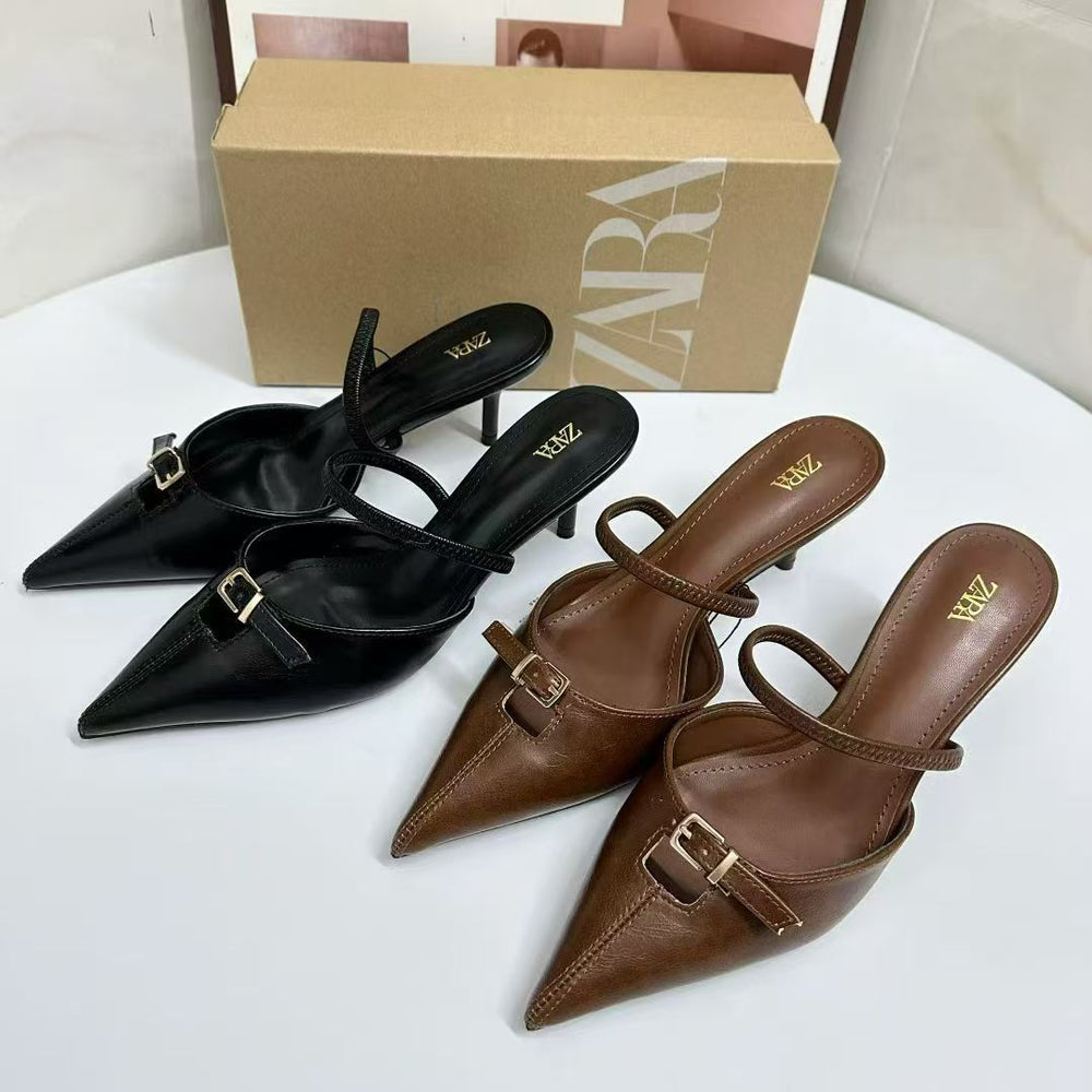 Za2025autum new product shallow mouth hollow fashion high heel pointed black brown buckle style mule fashion women's sandals