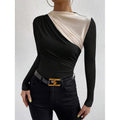 Shipped: women's color block asymmetrical neck bodycon top - long sleeve drapey slim fit blouse, perfect for party nights
