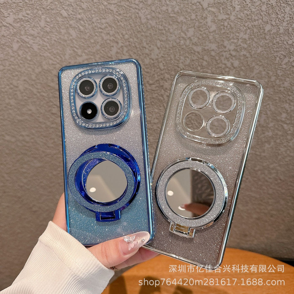 Suitable for redmi note15pro rhinestone electroplating makeup mirror mobile phone case xiaomi 14t all-inclusive glitter magnetic holder