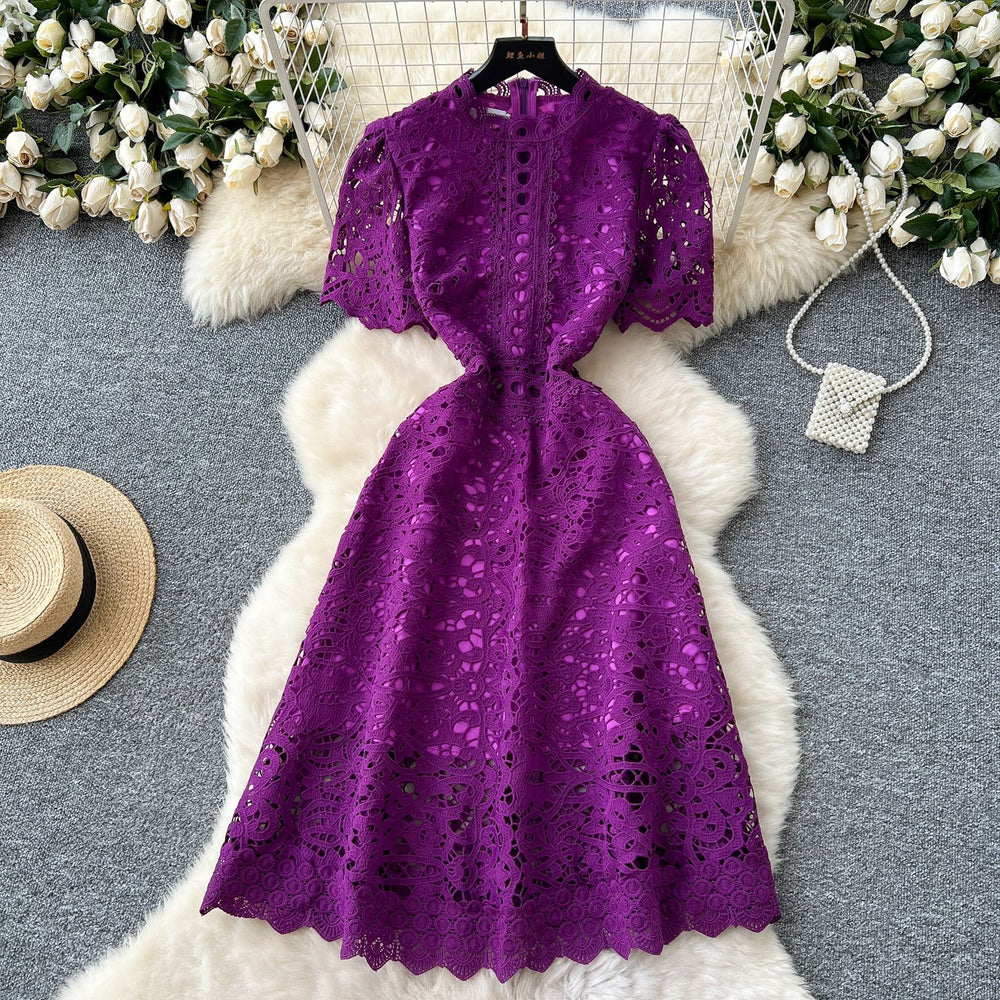 High-end hollow-out crochet lace dress - women's french style, slimming, elegant, short sleeve maxi dress - summer 2025 collection