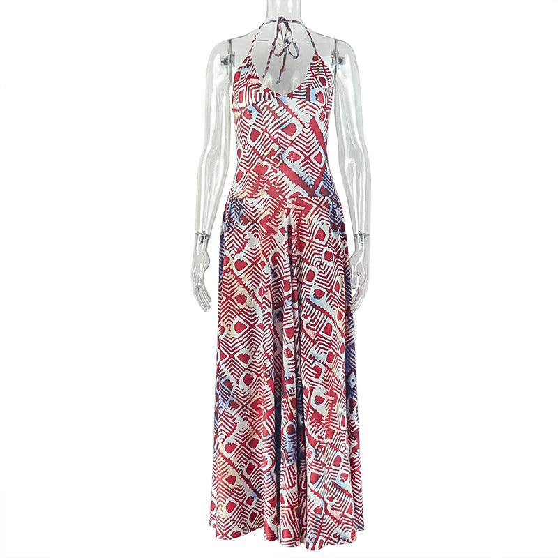 European and american style ins cross-border printing color matching women's waist a-line skirt halterneck backless low-cut outing long dress trendy