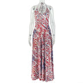 European and american style ins cross-border printing color matching women's waist a-line skirt halterneck backless low-cut outing long dress trendy