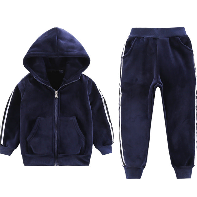 Boys' double-sided fleece-lined thickened gold velvet set, mid-to-large children's zip-up cardigan, sporty casual winter two-piece outfit