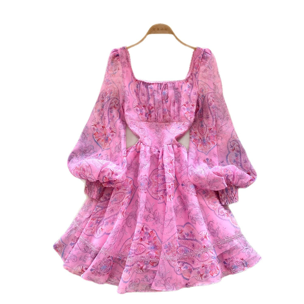 K-style lantern sleeve square collar printingdress women's summer waist small silm type a-line skirt work clothing short skirt