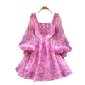 K-style lantern sleeve square collar printingdress women's summer waist small silm type a-line skirt work clothing short skirt