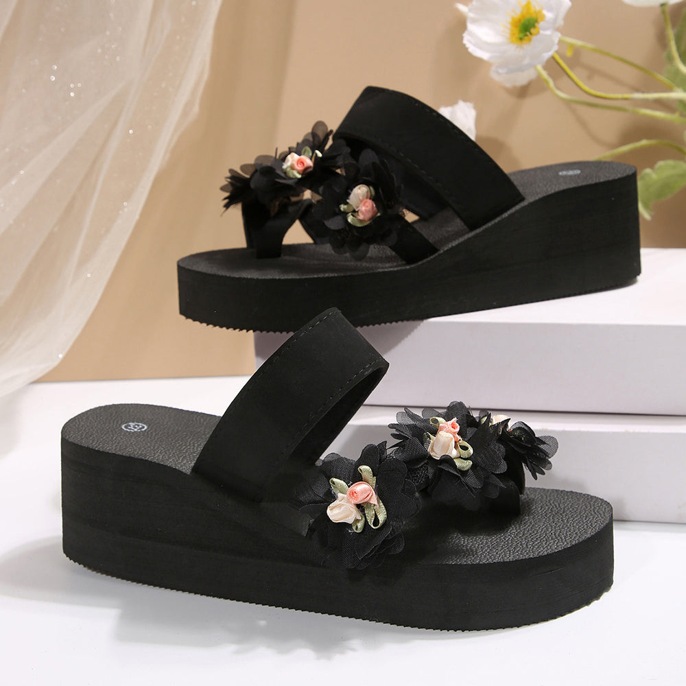 plus size beach slippers for women summer outwearthick sole high-heeled cool women's k-style seaside flower wedge toe slippers