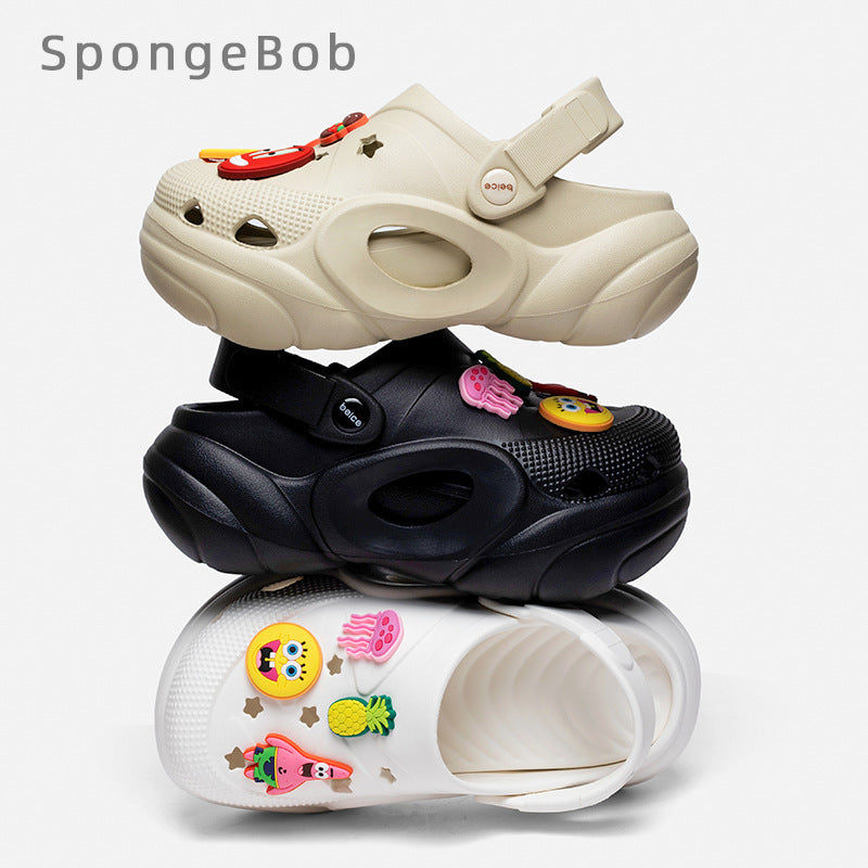 Spongebob squarepants thick sole stomp on shit feeling crocs women's summernew arrivaloutwearnon-slip deodorizing filtertoe heightening beach shoes