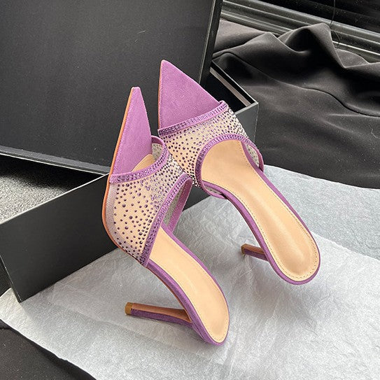 Yx open-toe pointed-toe mesh rhinestone sexy thong sandals women's 2026 summer outdoor elegant stiletto high heel sandals