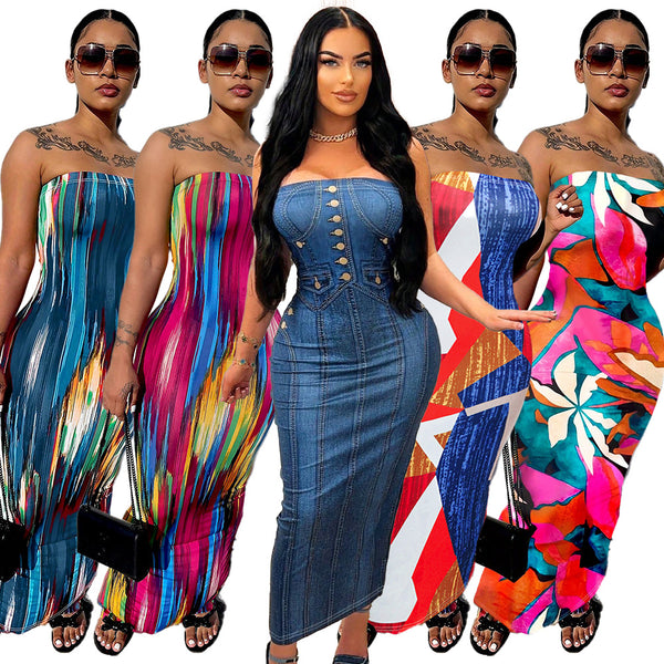 S390584 Cross-border Europe and America Summer Fashion Temperament Elegant Printed Pullover Sleeveless Dress Women's Medium and Long