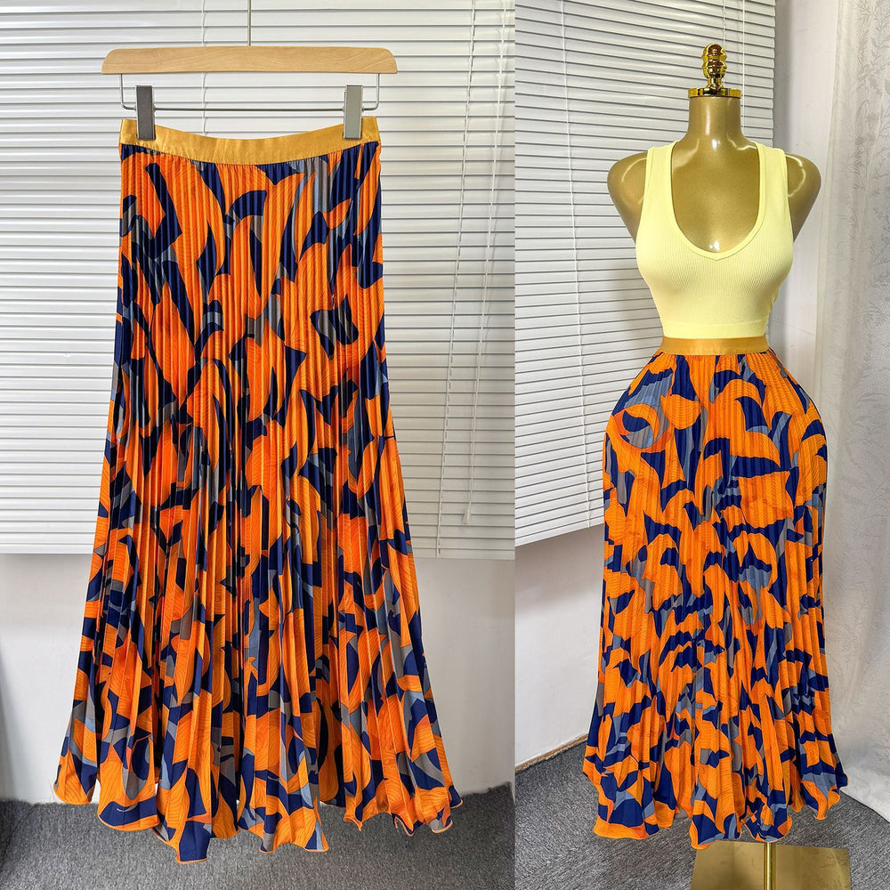 Exportsweeteasiest for matchpleated skirt large swing printing skirt women's frenchhigh waista-line medium long pleated skirt
