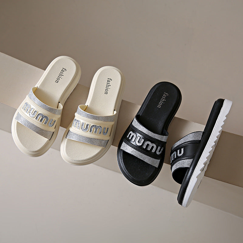 Women's summer new arrivals: unique chunky platform sequin slides - versatile indoor/outdoor non-slip thong sandals