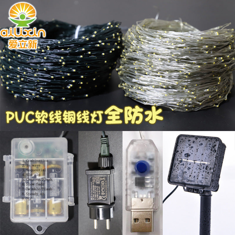 Cross-border PVC copper wire light string outdoor waterproof solar LED light string Christmas decoration project lighting leather wire light string