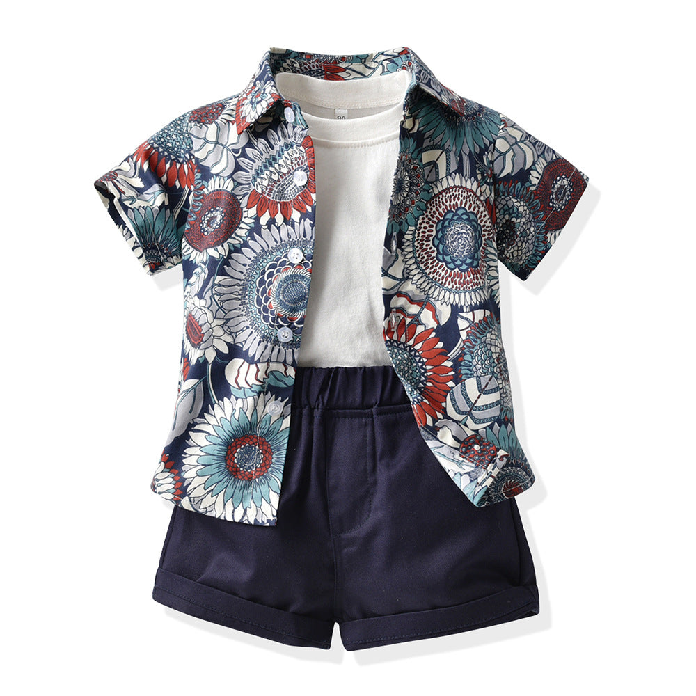 Boys' summer short-sleeve floral shirt kids' set white t-shirt shorts casual three-piece outfit - foreign trade beach style