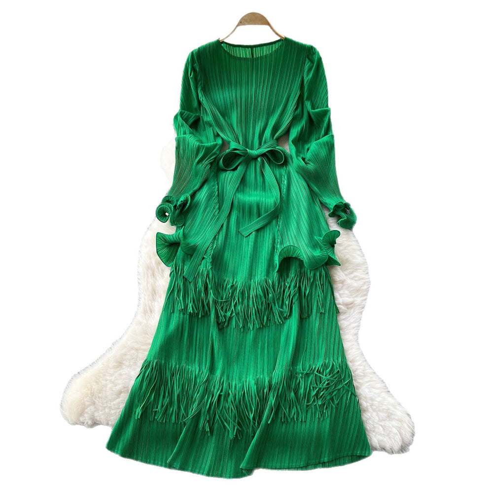 Miura pleated dress women's  autumn tie-waist ruffle trim patchwork tassel pleated elegant maxi dress