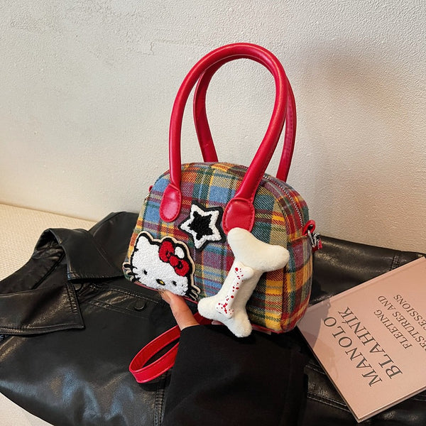Delicate plaid ins bag female cute kitty fashion handbag high value new commuter change bag messenger