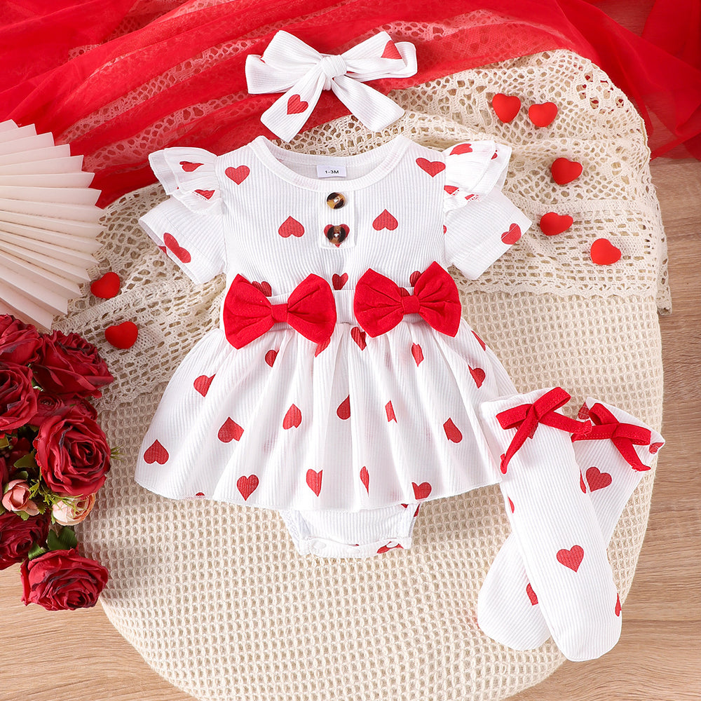 spring newborn infant round neck flutter sleeve heart print bowknot bodysuit, headband, and socks three-piece set