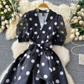 Evening gown women's high-end luxury socialite puff sleeve dress, designer cinched waist tie-up fluffy french maxi dress