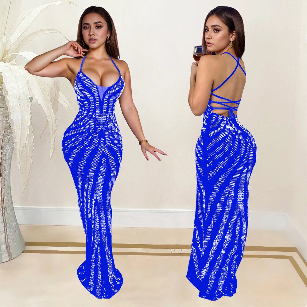 C7099 cross-border   independent station fashion fashion women's suspender hot diamond classy dress