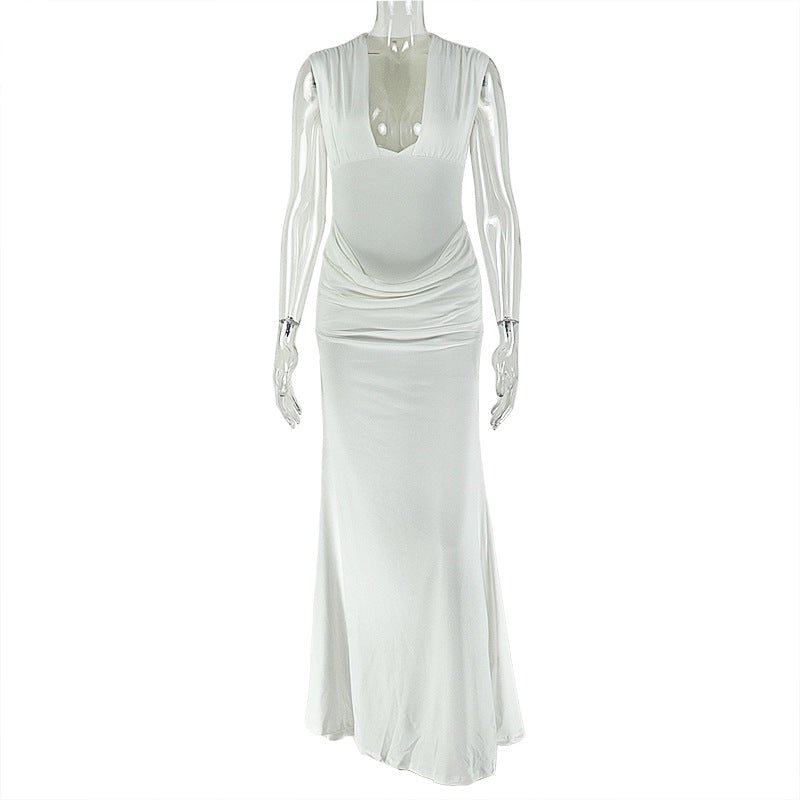 European and american style ins cross-border simple silm women's street pleated hip skirt sexy v neck sleeveless elegant dress