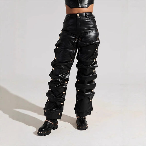 Cross-border European and American dark punk niche design sense glossy pleated PU leather pants women's independent station button casual trousers