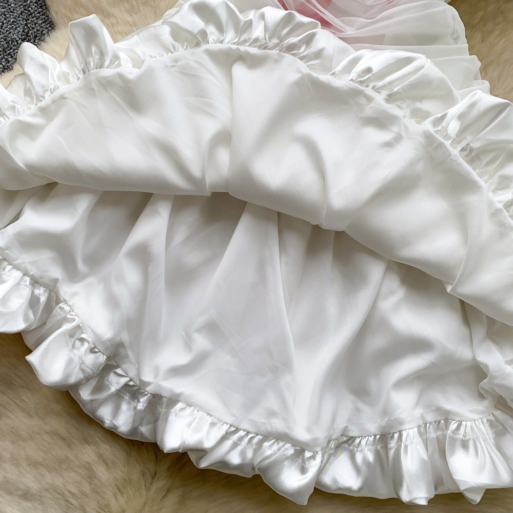 Sweet girly print bandeau dress - women's summer korean style high waist slimming flared tulip skirt - white