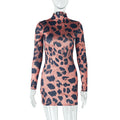 European and american style foreign trade fashion elegant women's printed leopard print sexy bodycon mini dress with stand collar and long sleeves