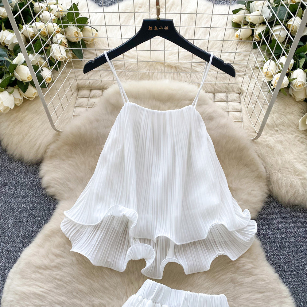 Fairy vacation set  new french chic: camisole top + high-waisted ruffle pleated midi skirt