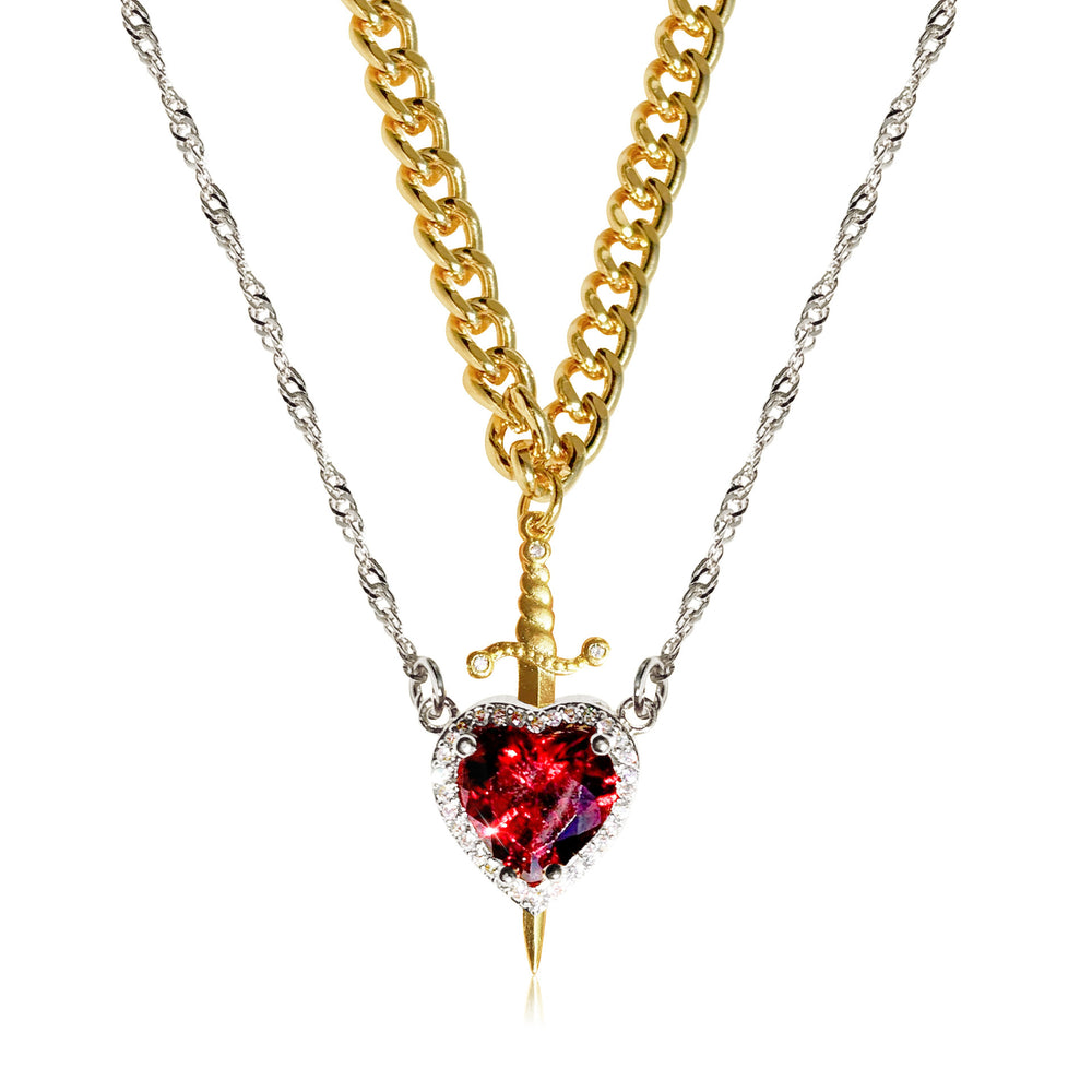 European and american new arrival hot selling pink crystal heart dagger pendant layered necklace french design women's clavicle chain
