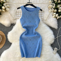 Accessible luxury diamond quiltedknittingdress women's elegant round neck silm short stretch wrap skirt sleeveless vest skirt
