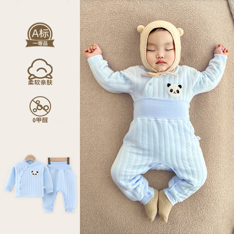 Baby clothes autumn winter quilted heattech clothing suit high waist belly protection baby autumn clothes long underwear close-fitting bottoms