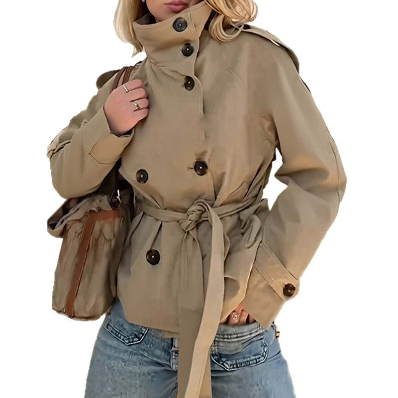 autumn new women's clothing - cross-border european & american style - versatile & fashionable commute solid color tie-waist trench coat