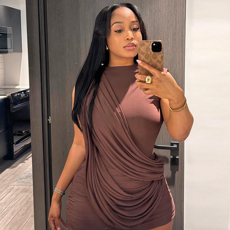 Fashion style cross-border sense of design women's pure color pleated silm hip skirt round neck fashion asymmetrical short dress