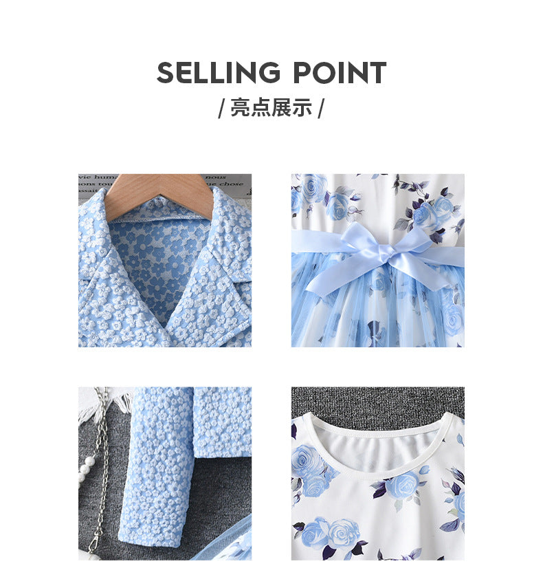 Girls' export dress set: sky blue rose print sundress with chanel-inspired lapel jacket - two-piece outfit for kids