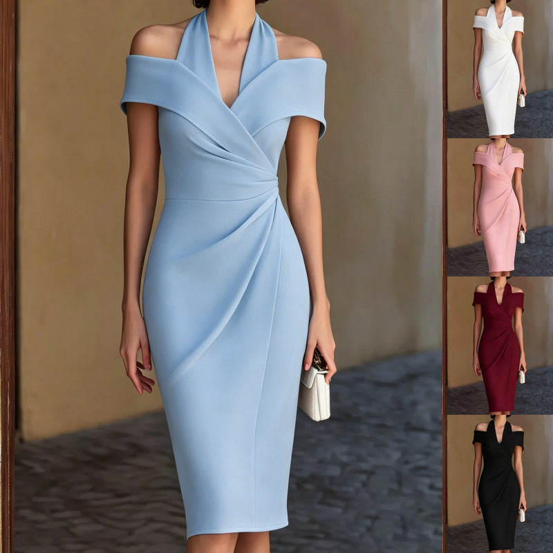 Fashion cross-border sexy off-shoulder pleated veterinary dress dress