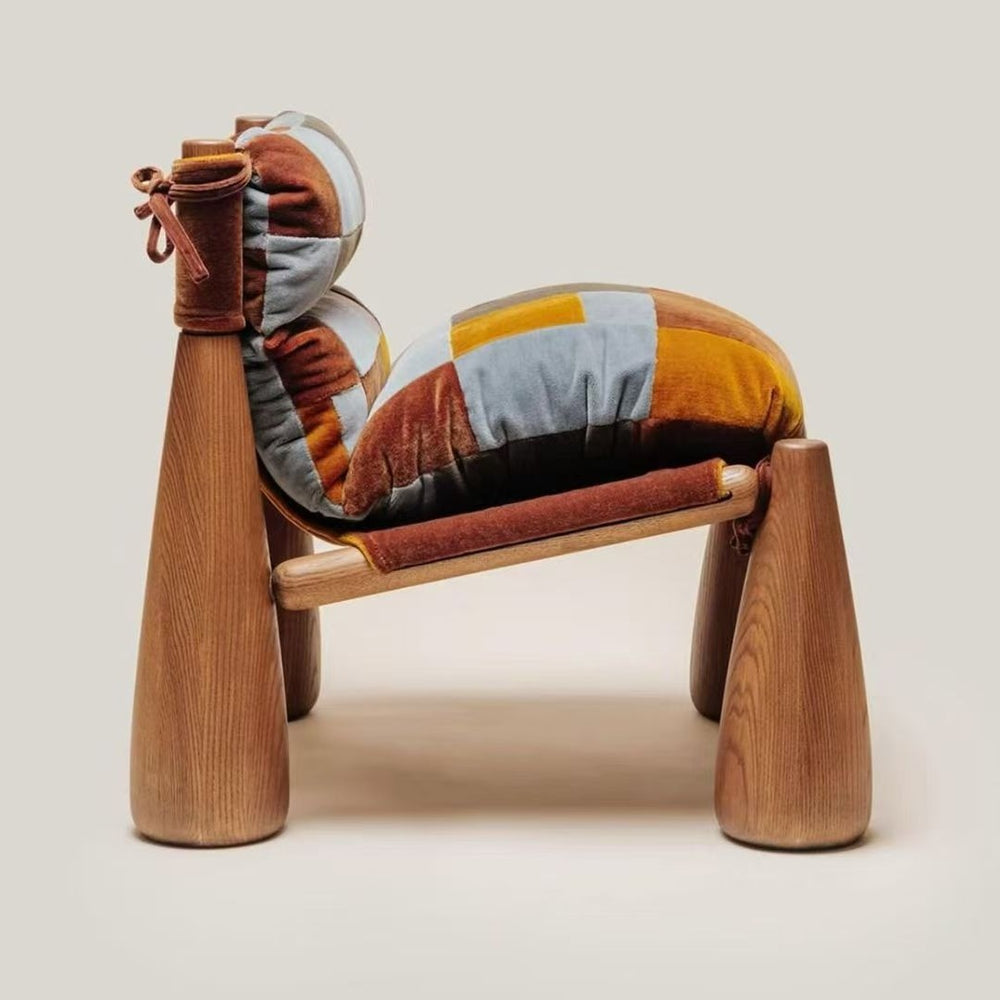 Vintage solid wood designer baseball chair - striped fabric accent chair for living room, single seater leisure chair, atmospheric sofa chair