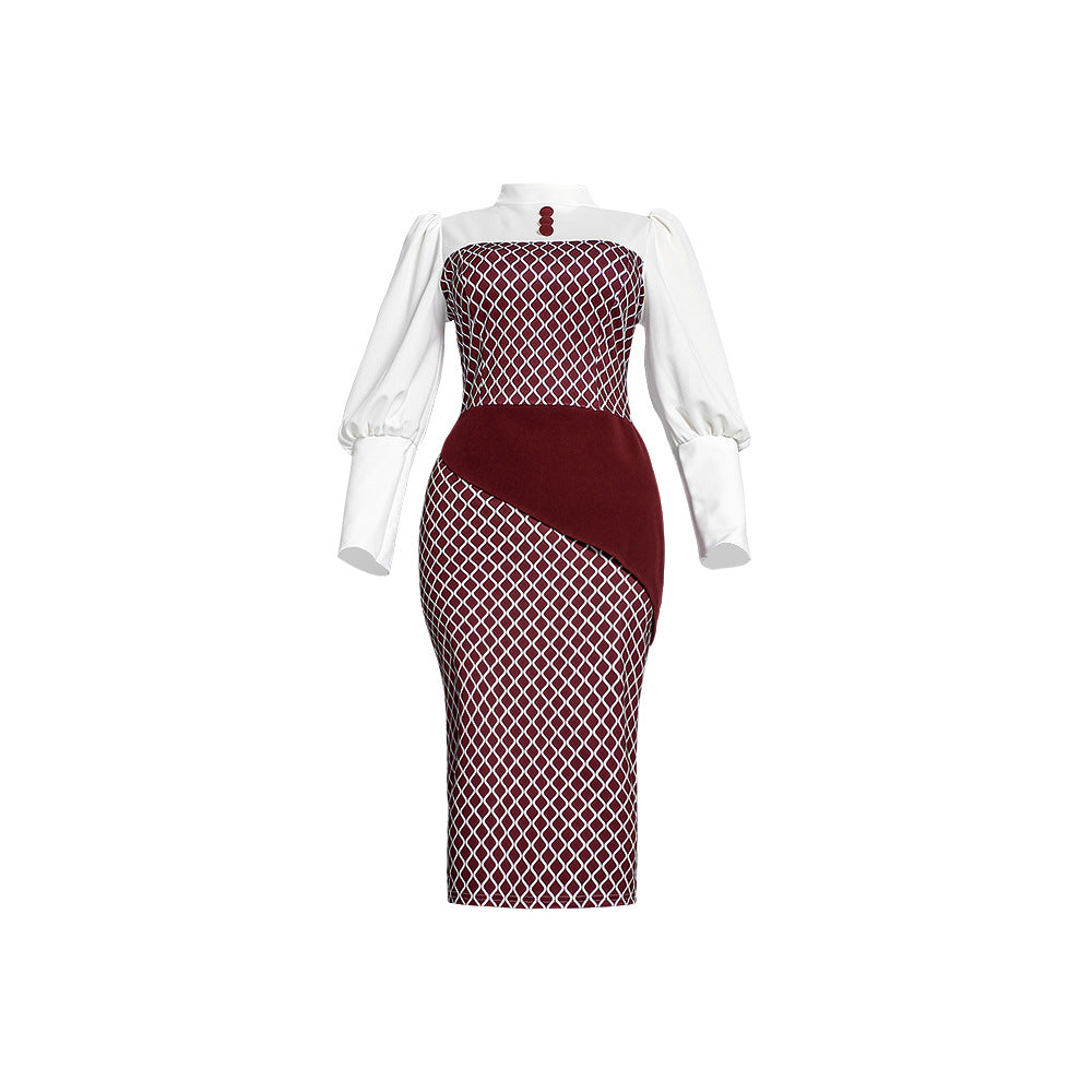 African foreign trade  hot-selling women's fashion plaid patchwork bodycon pencil skirt ol daily commute dress
