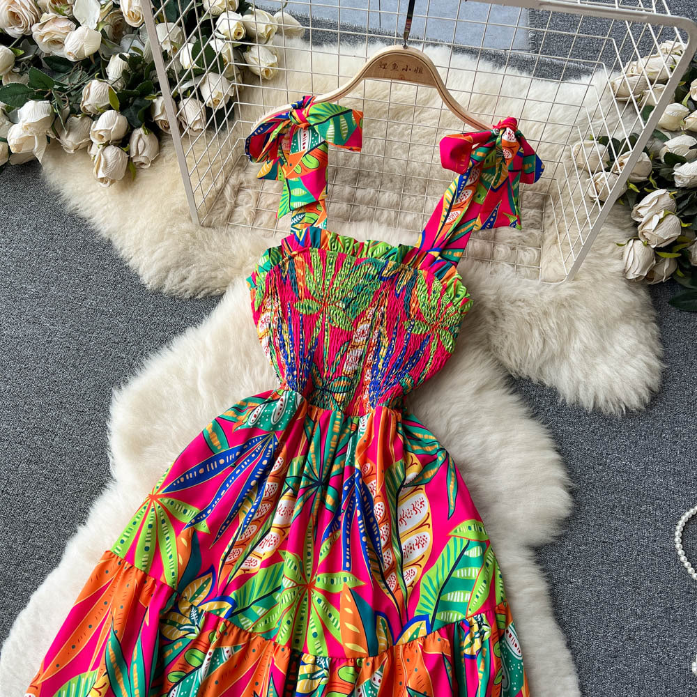 Hainan sanya travel & leisure dress - new summer collection: strapless bandeau, off-the-shoulder, cinched waist, maxi swing, printed dress for women