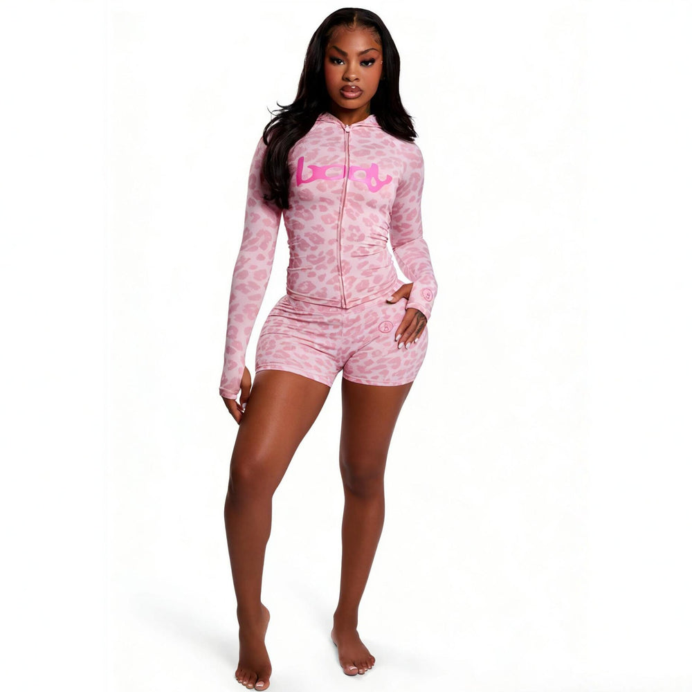 New ins trendy printed sporty stretch zip-up hoodie and shorts two-piece set for women
