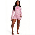 New ins trendy printed sporty stretch zip-up hoodie and shorts two-piece set for women