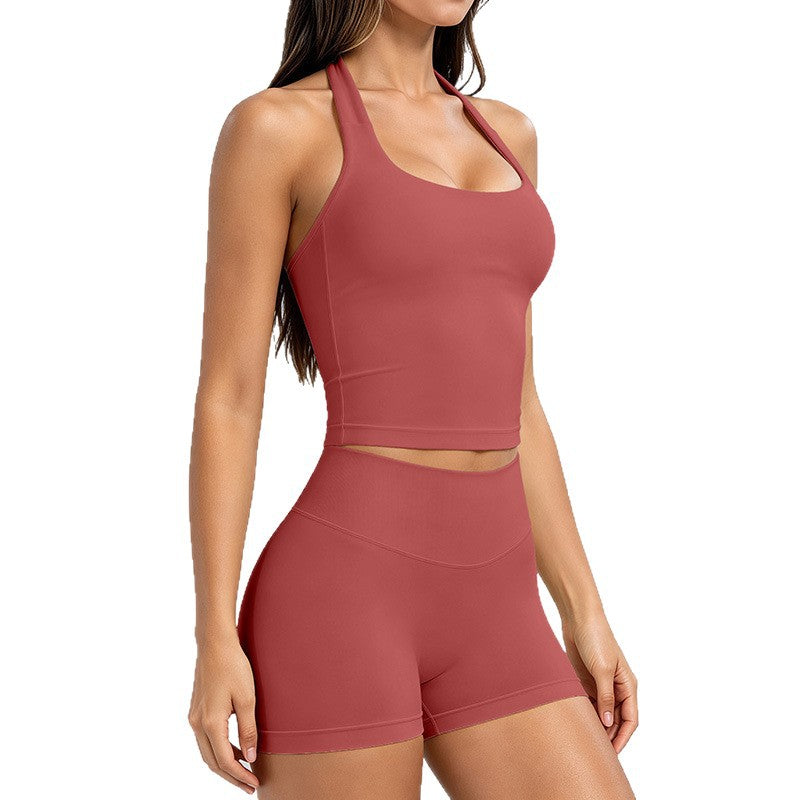 Dfyne style  women's seamless halter neck sleeveless yoga set - workout tank top and shorts set